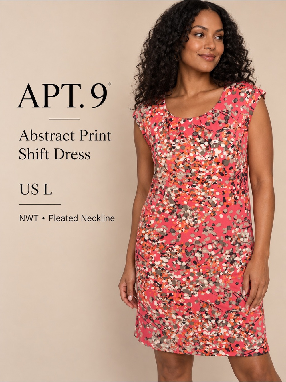 Apt. 9 Pink Abstract Print Pleated Neck Shift Dress NWT L